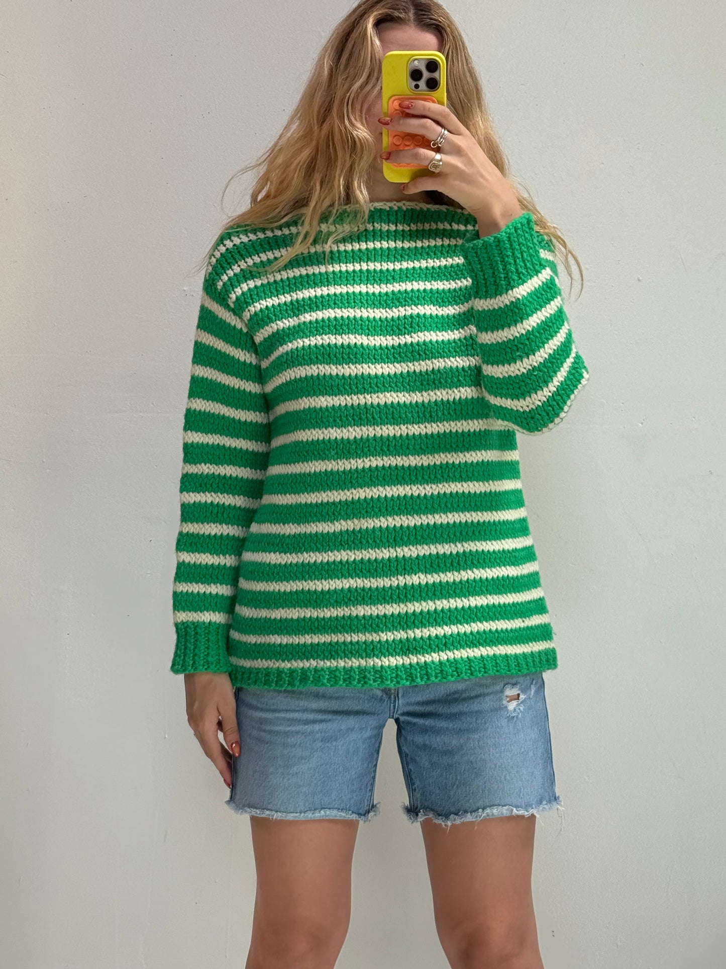 Hand Knit Green Striped Sweater