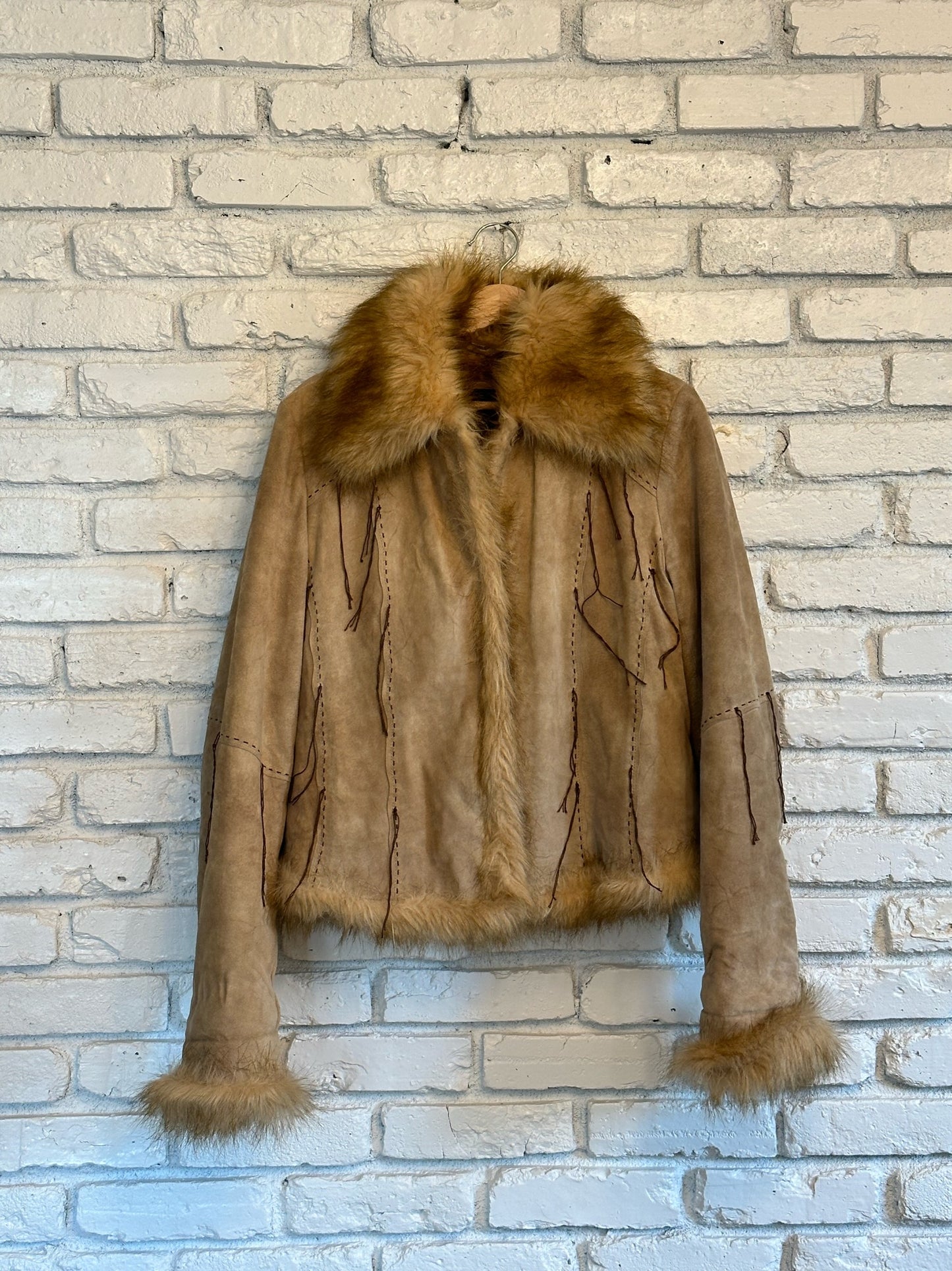 90s Tan Leather Penny Lane Coat w/ Faux Fur