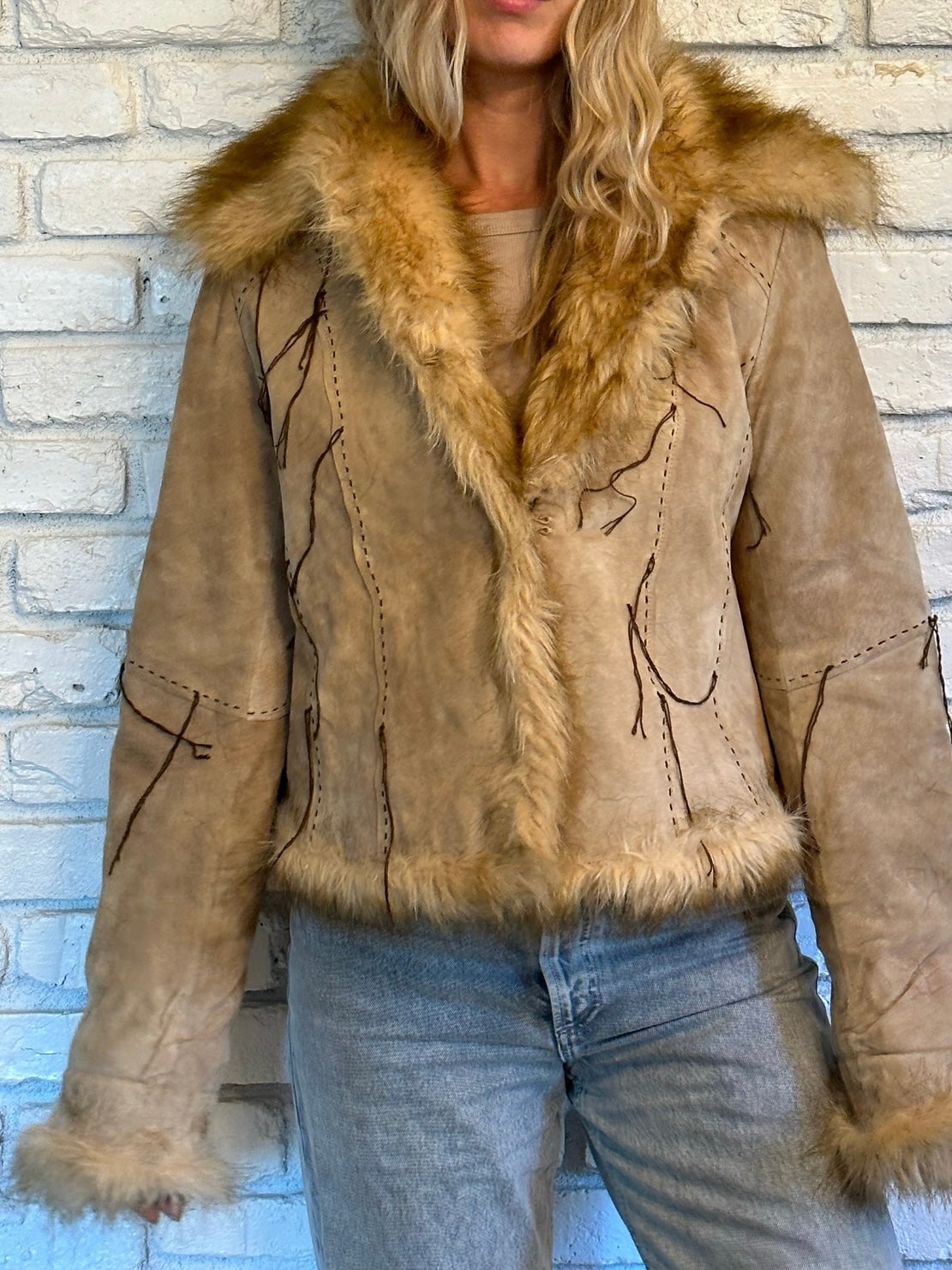 90s Tan Leather Penny Lane Coat w/ Faux Fur