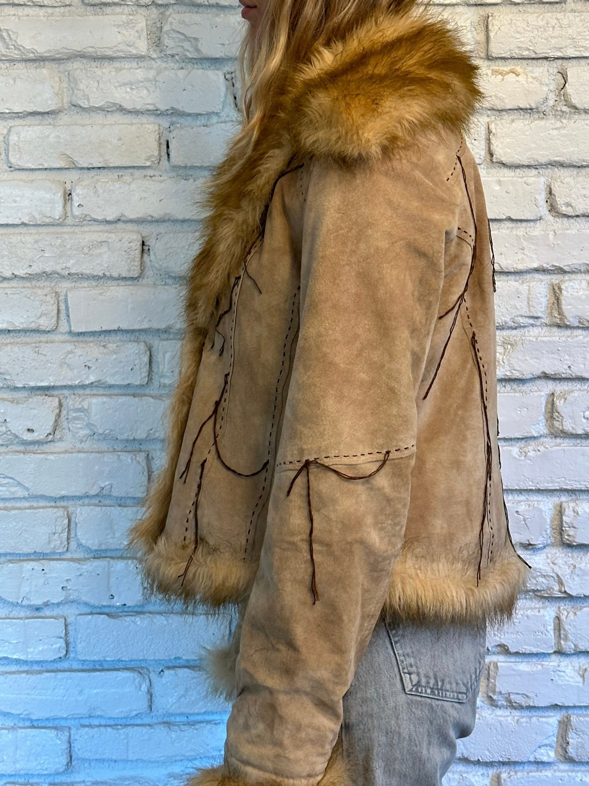 90s Tan Leather Penny Lane Coat w/ Faux Fur