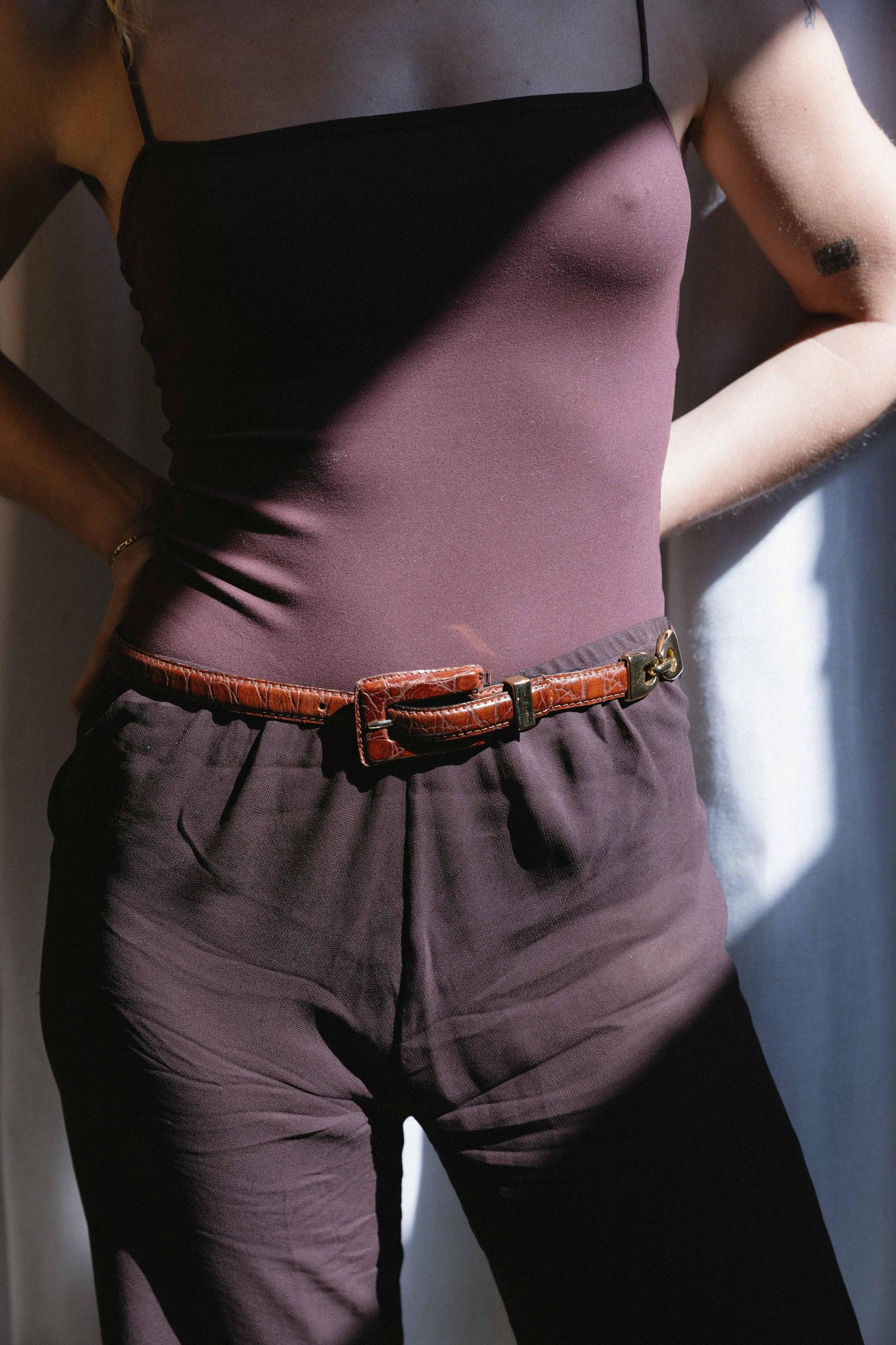 Vintage Brown & Gold Structred Skinny Belt