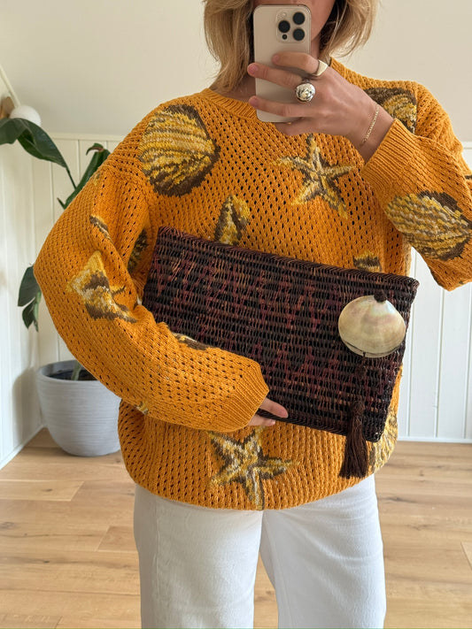 Vintage Ernest Straw & Shell Large Clutch