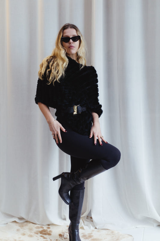 90's Black Rabbit Fur Poncho