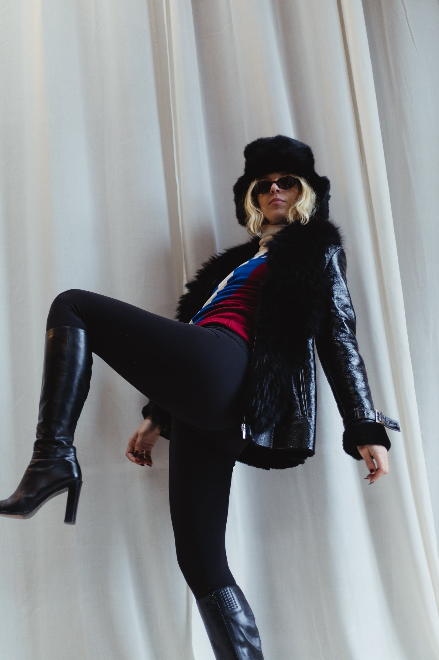 Black Shearling Coat with Fox Fur Collar