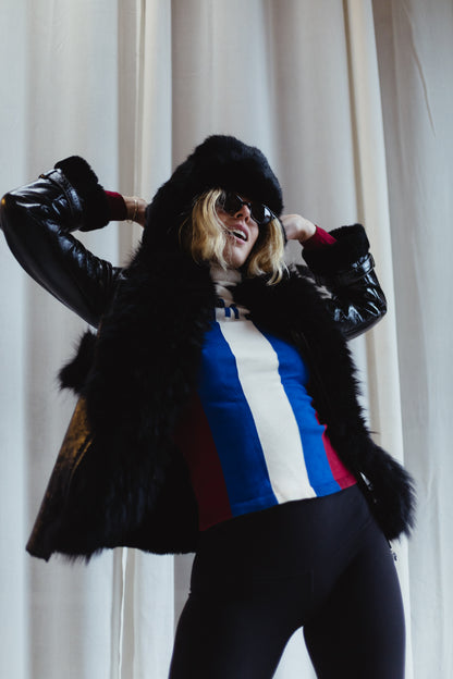 Black Shearling Coat with Fox Fur Collar