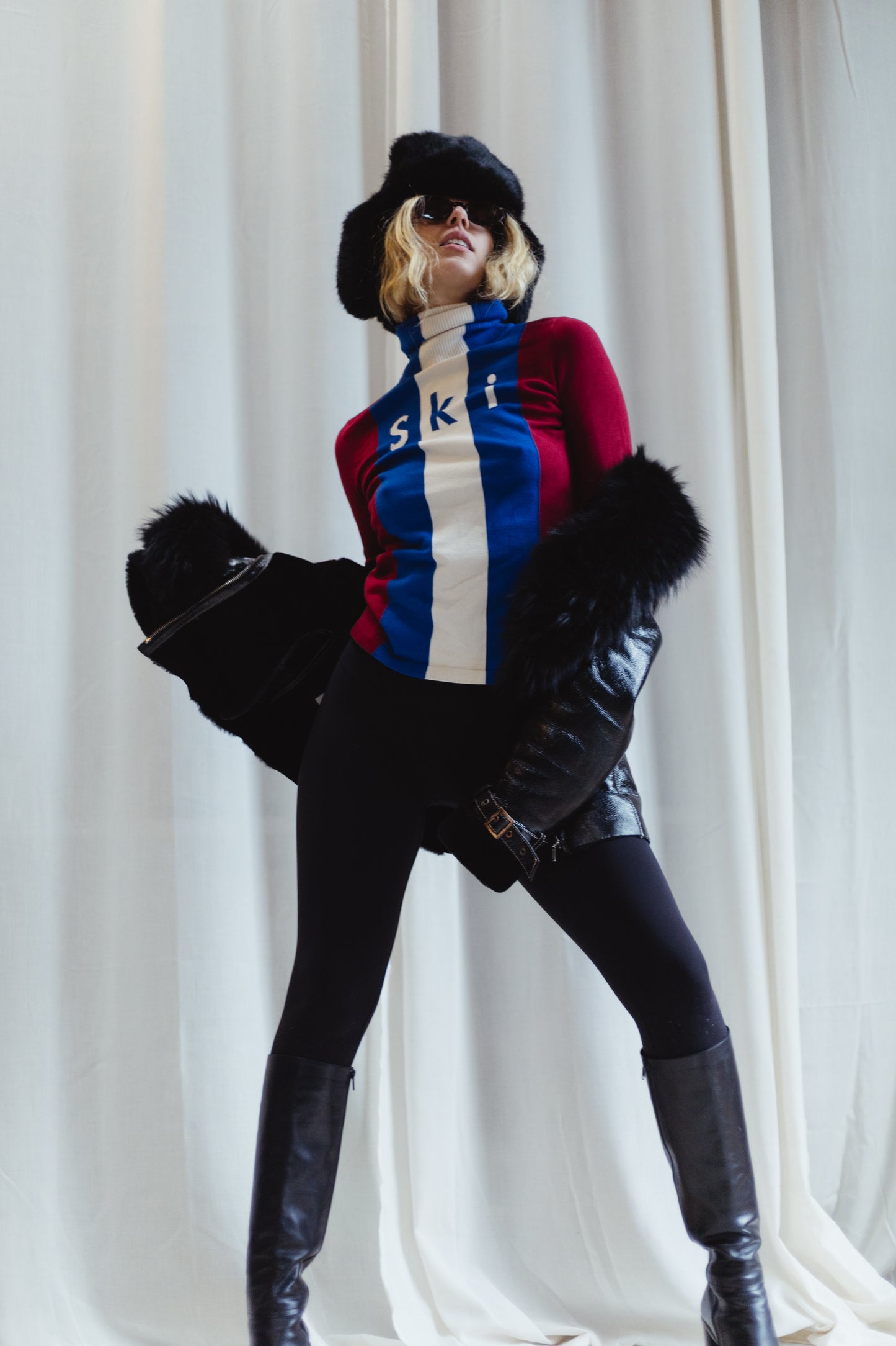 Black Shearling Coat with Fox Fur Collar