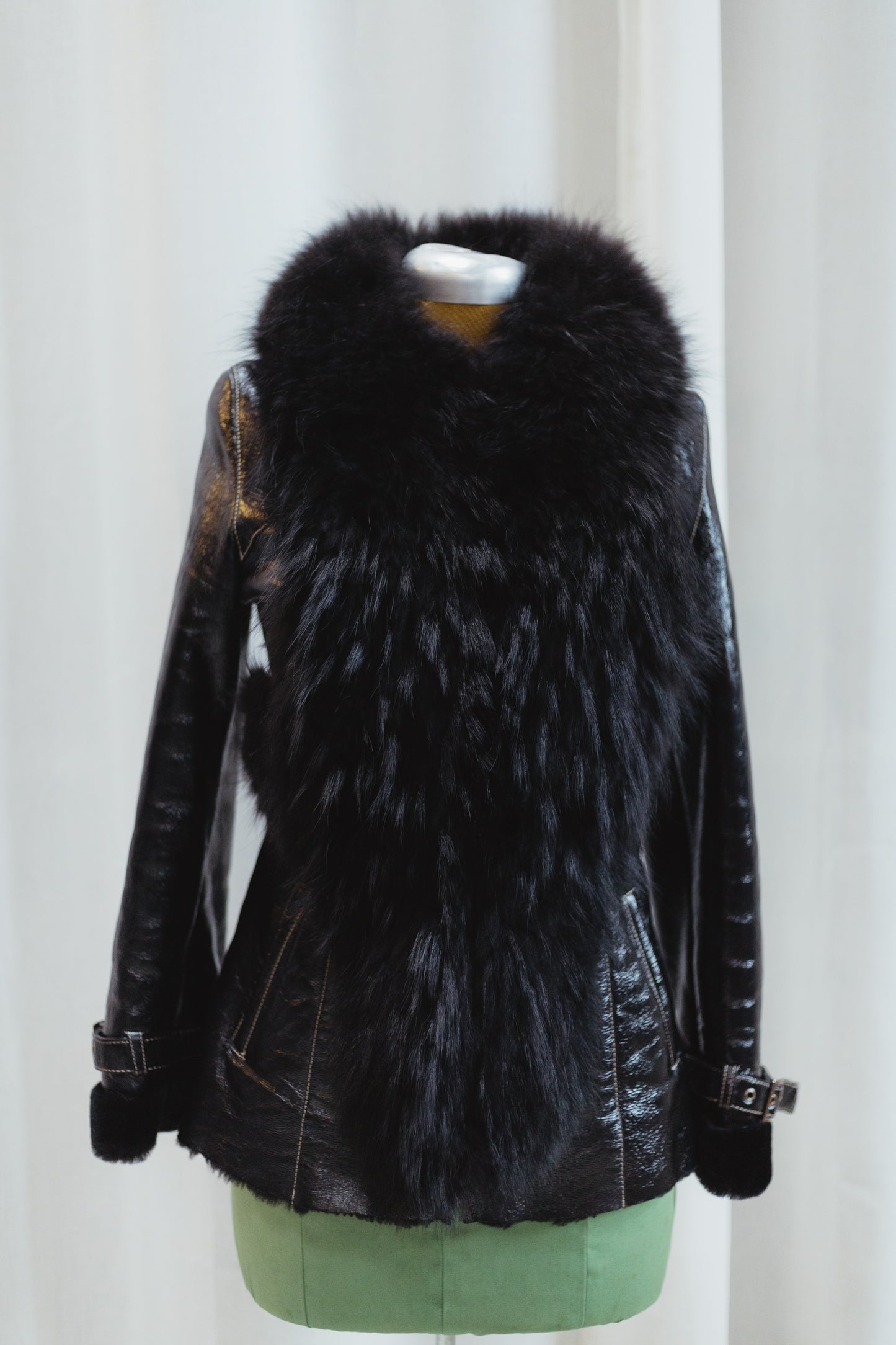 Black Shearling Coat with Fox Fur Collar