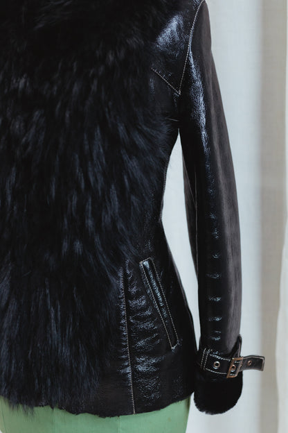 Black Shearling Coat with Fox Fur Collar