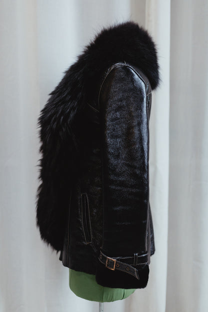 Black Shearling Coat with Fox Fur Collar