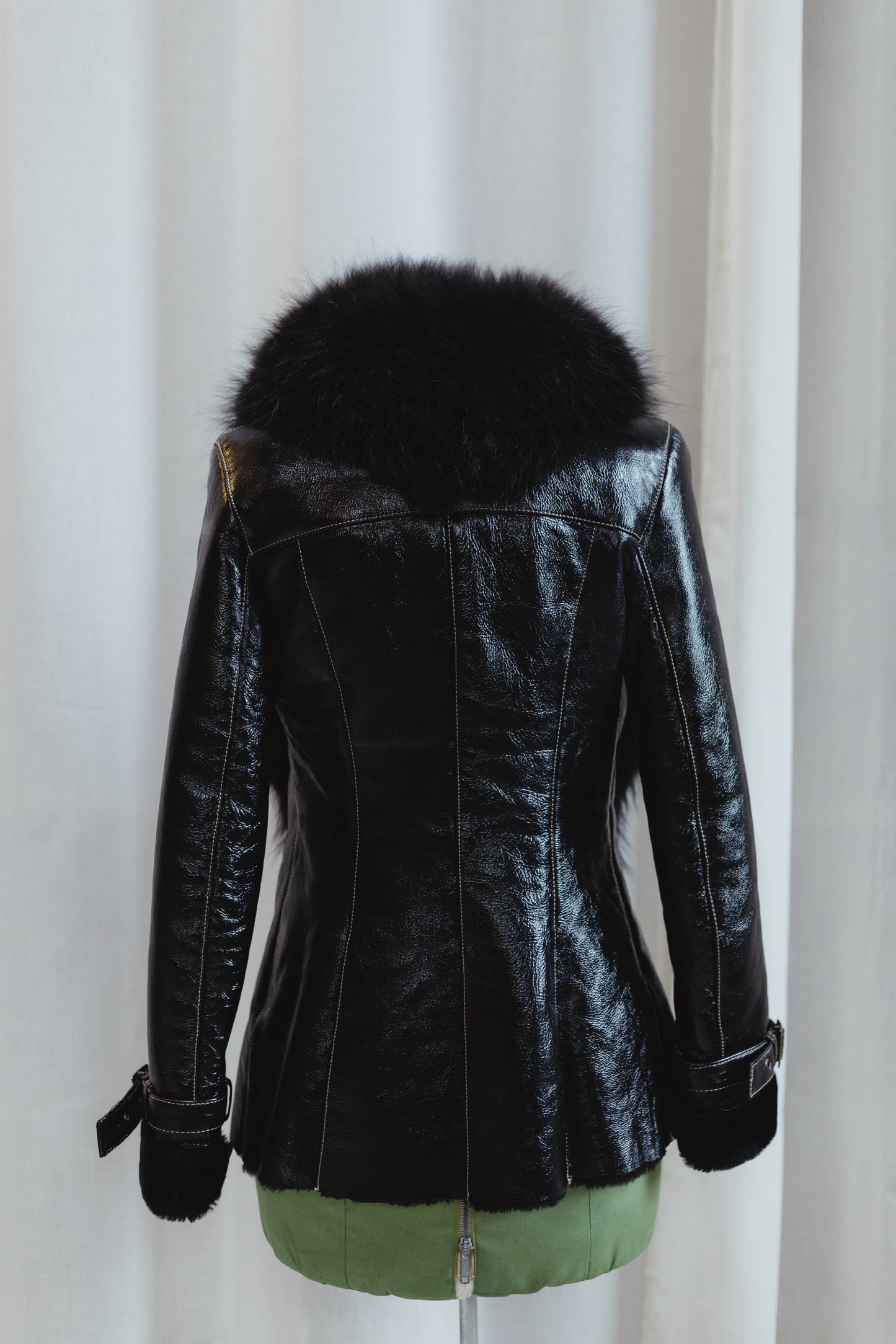 Black Shearling Coat with Fox Fur Collar