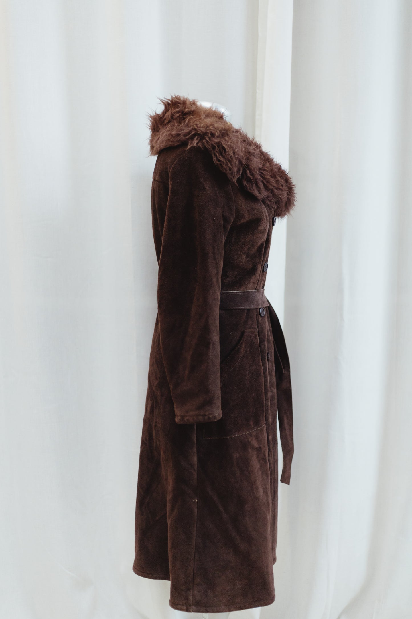 Vintage Chocolate Suede Shearling Coat with Faux Fur Collar