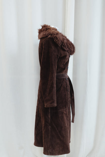 Vintage Chocolate Suede Shearling Coat with Faux Fur Collar