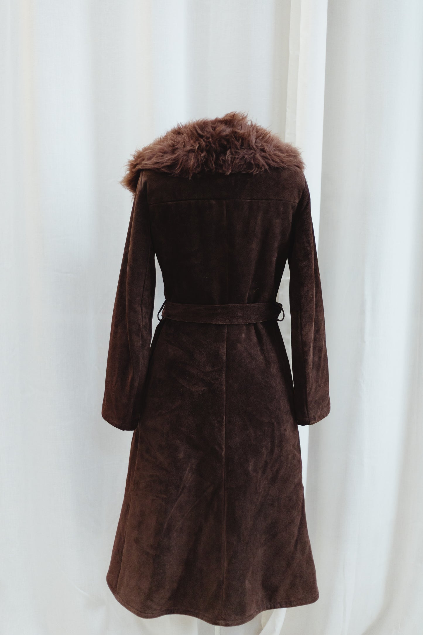 Vintage Chocolate Suede Shearling Coat with Faux Fur Collar