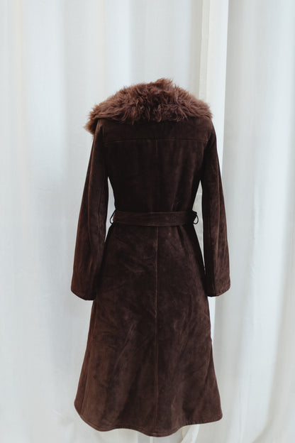 Vintage Chocolate Suede Shearling Coat with Faux Fur Collar