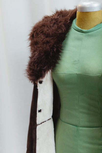 Vintage Chocolate Suede Shearling Coat with Faux Fur Collar