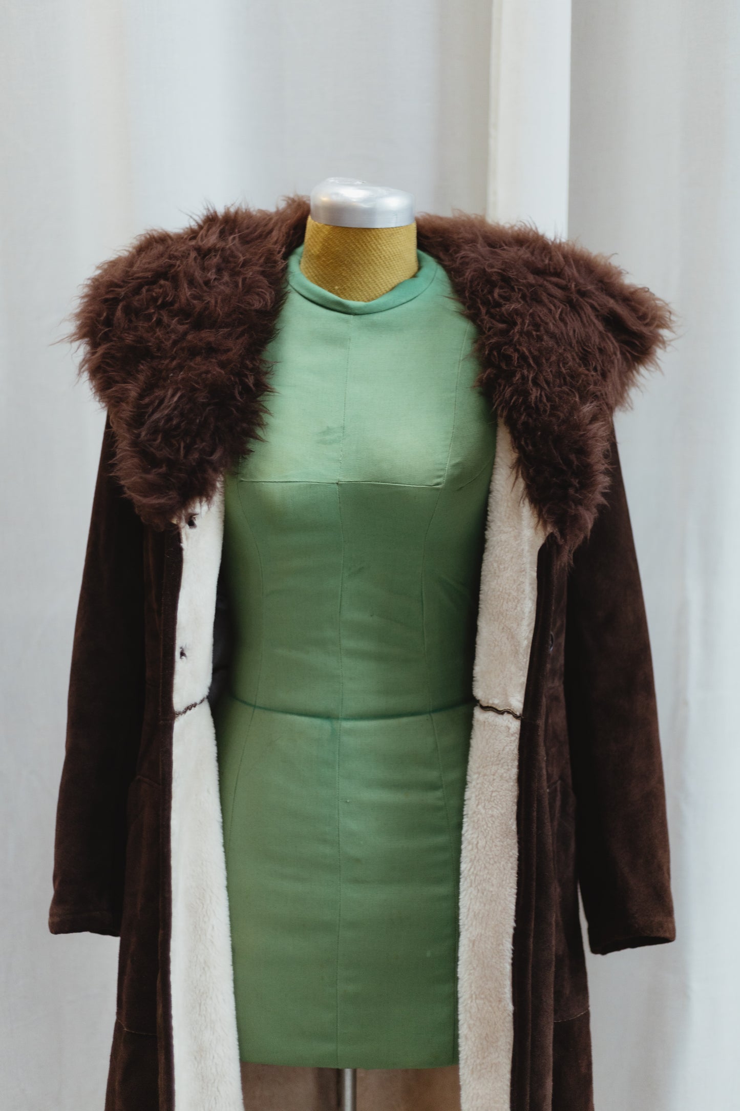 Vintage Chocolate Suede Shearling Coat with Faux Fur Collar
