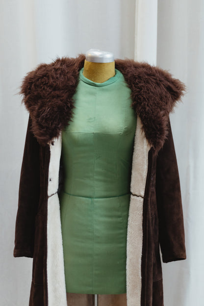 Vintage Chocolate Suede Shearling Coat with Faux Fur Collar