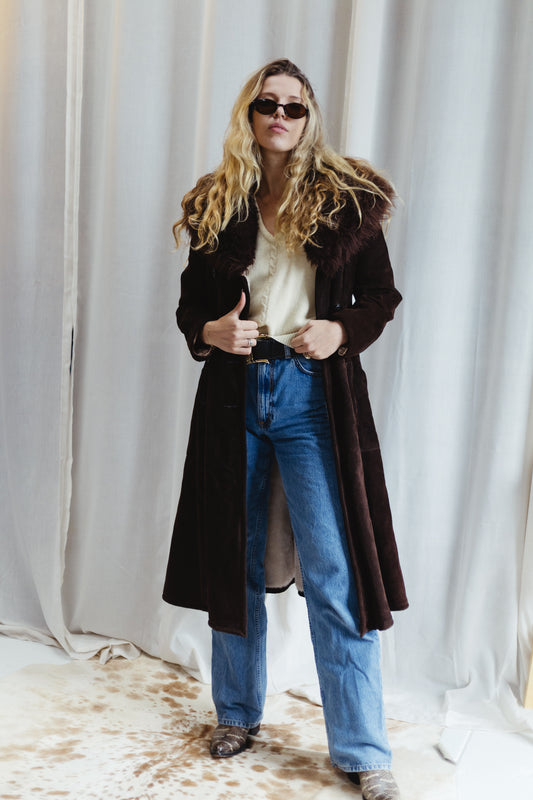 Vintage Chocolate Suede Shearling Coat with Faux Fur Collar