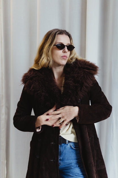 Vintage Chocolate Suede Shearling Coat with Faux Fur Collar