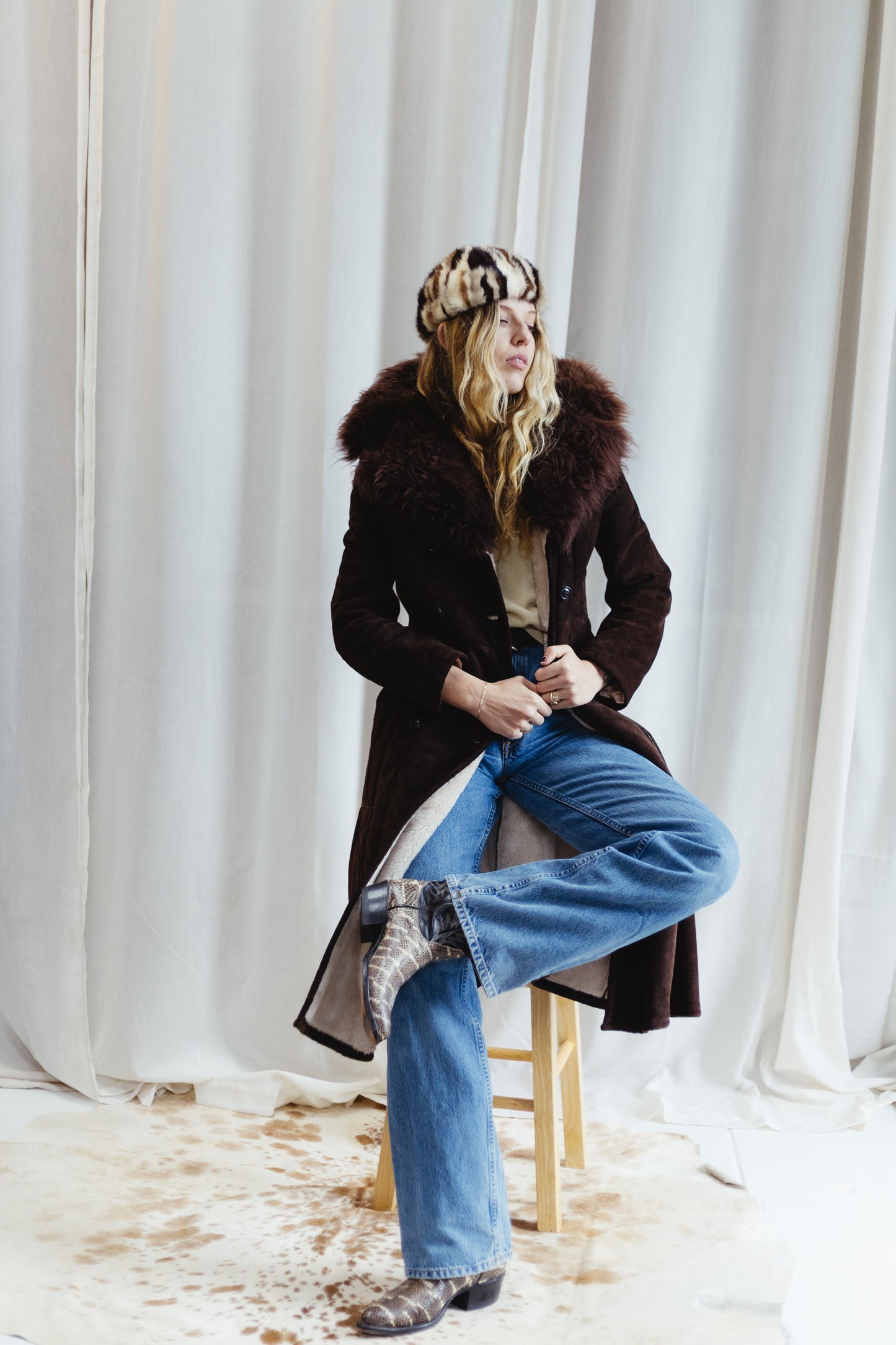 Vintage Chocolate Suede Shearling Coat with Faux Fur Collar