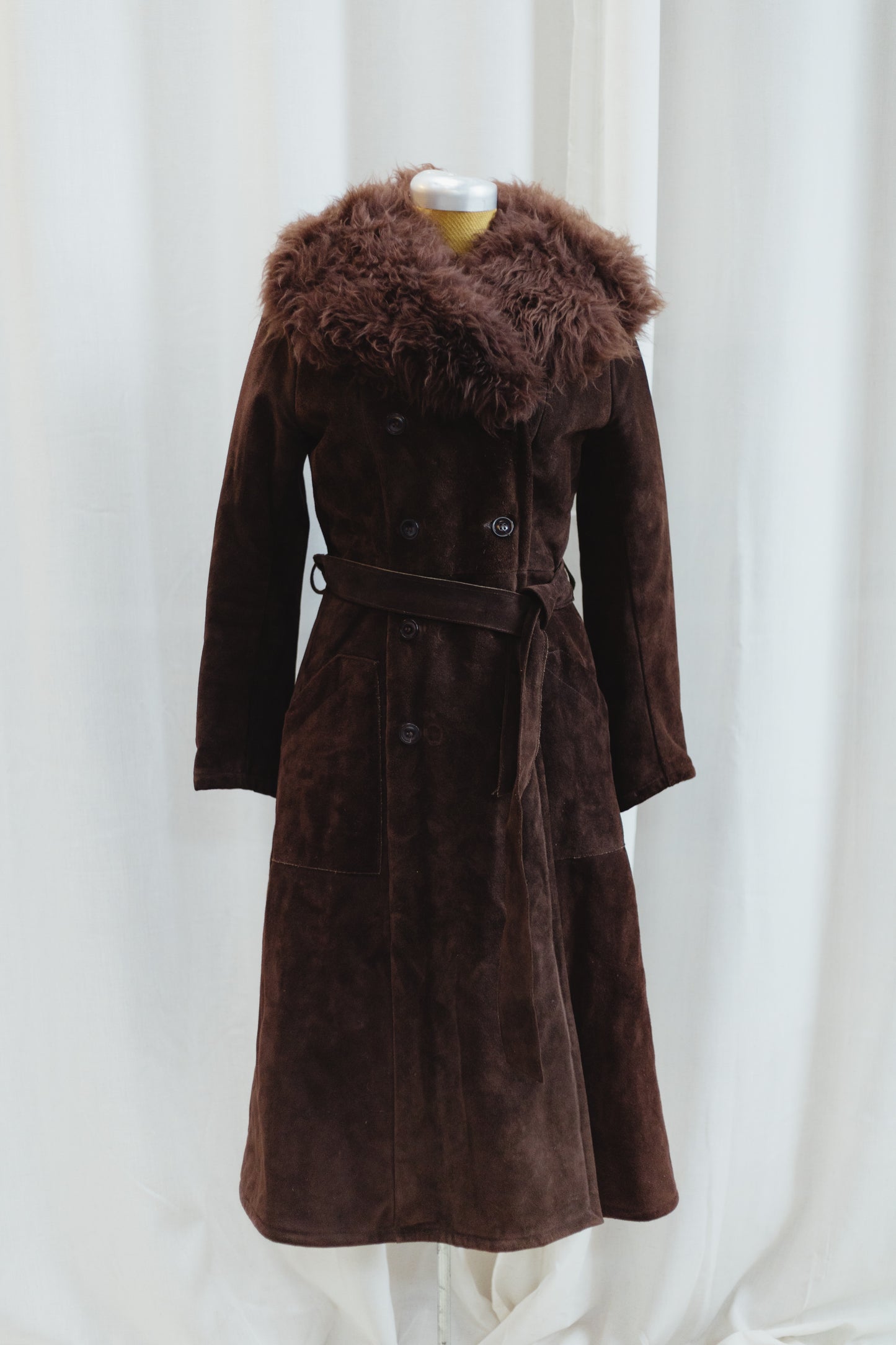 Vintage Chocolate Suede Shearling Coat with Faux Fur Collar