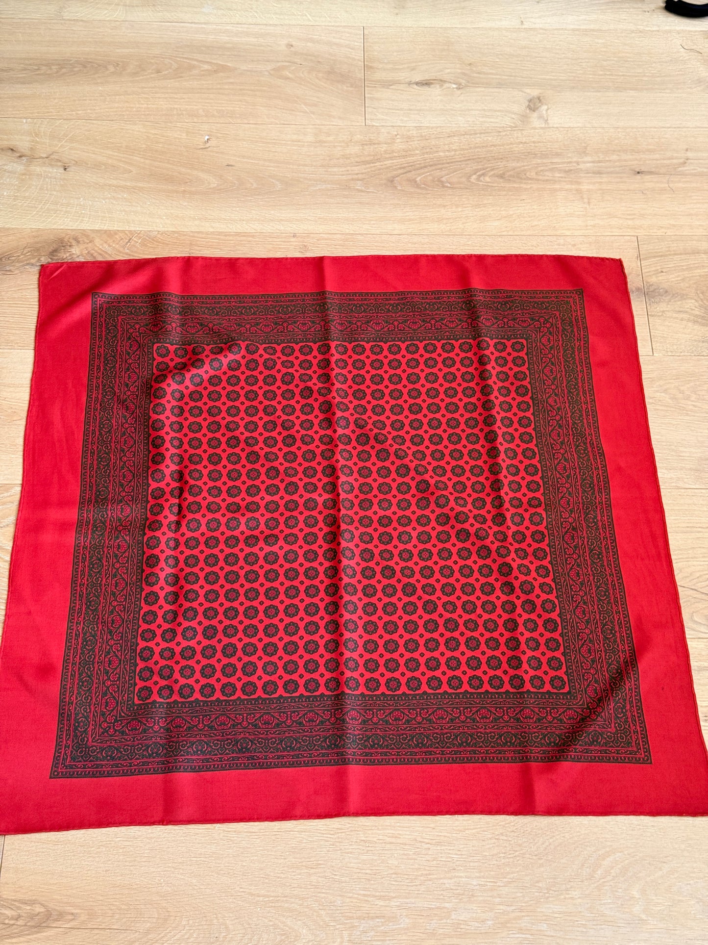 1970's Silk Red and Green Printed Scarf