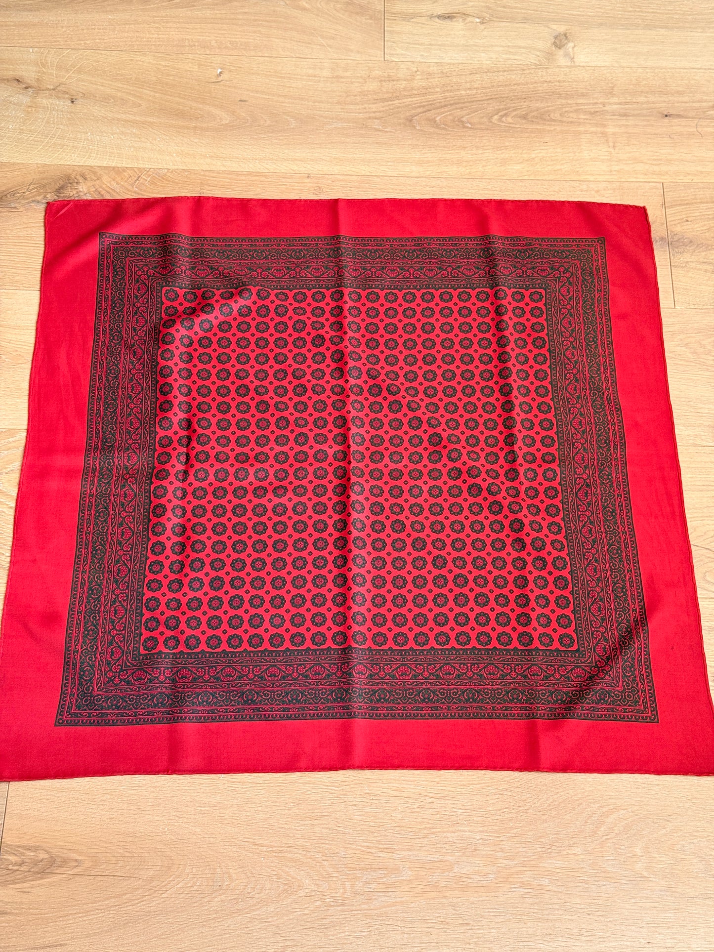 1970's Silk Red and Green Printed Scarf