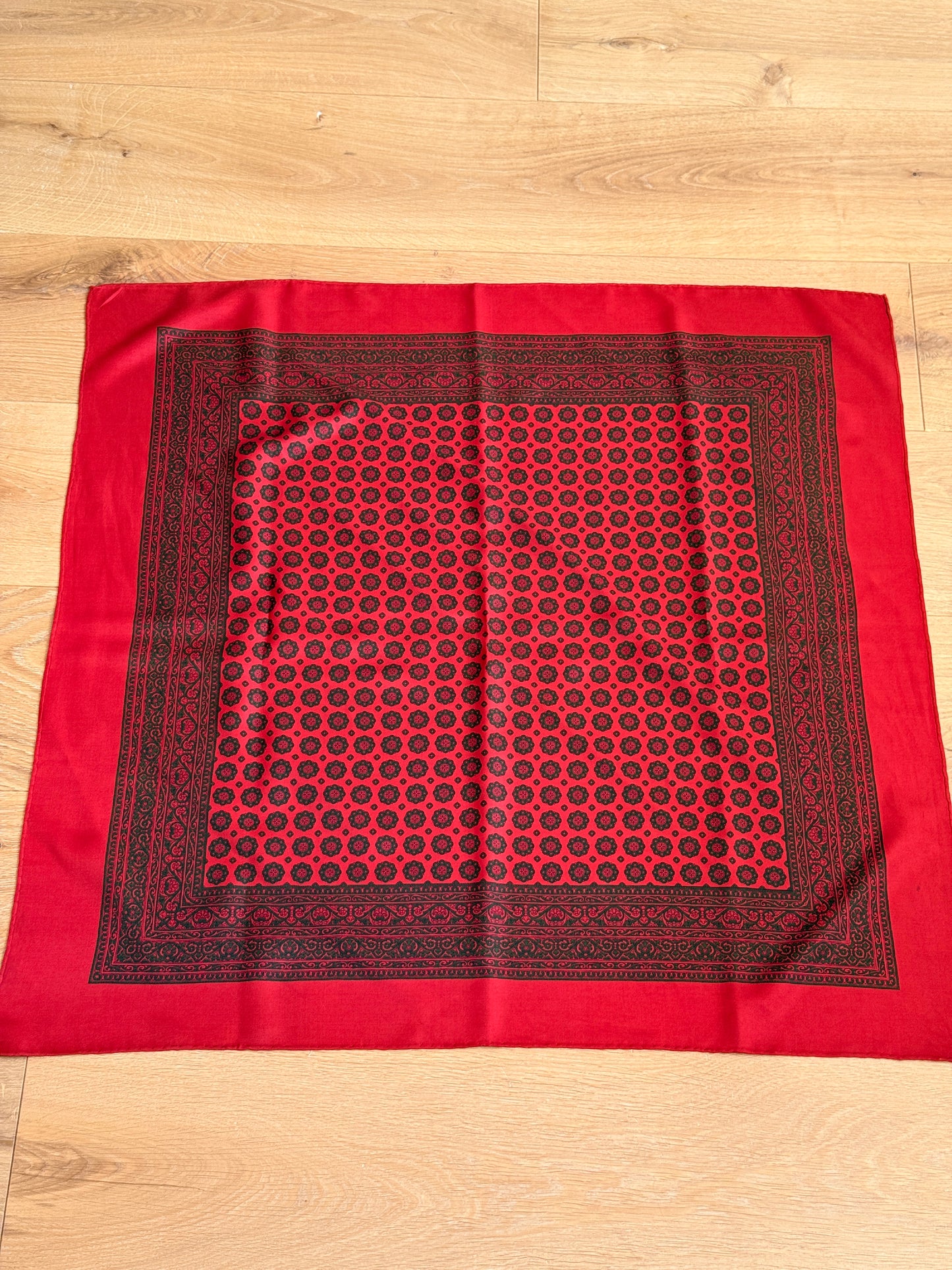 1970's Silk Red and Green Printed Scarf