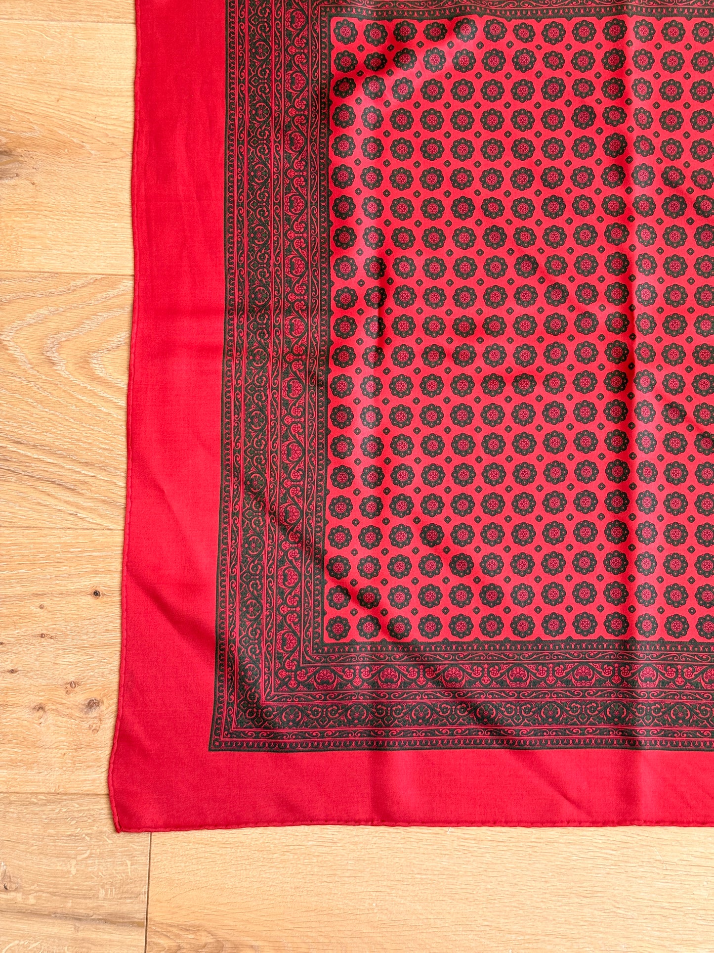 1970's Silk Red and Green Printed Scarf