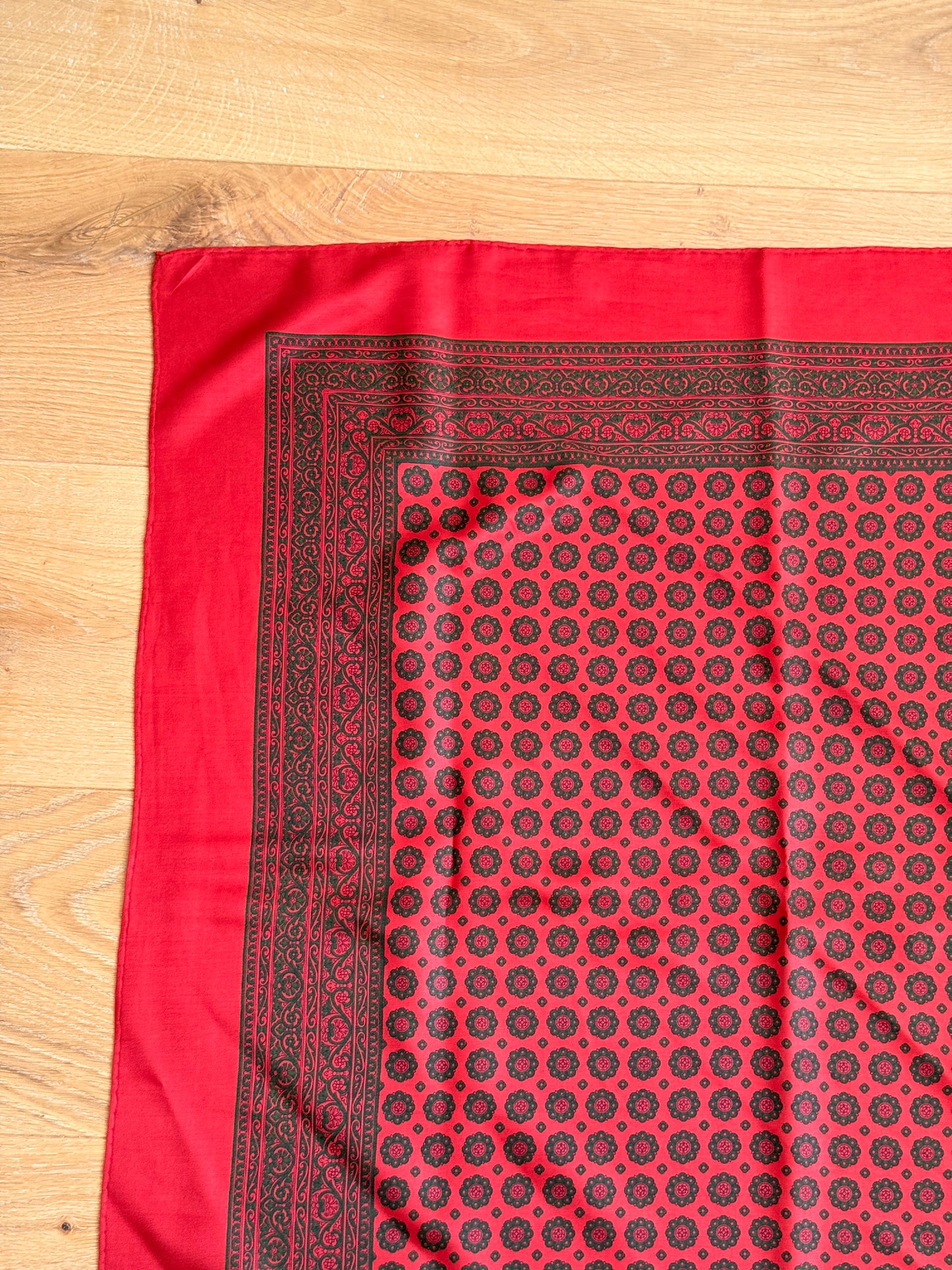1970's Silk Red and Green Printed Scarf