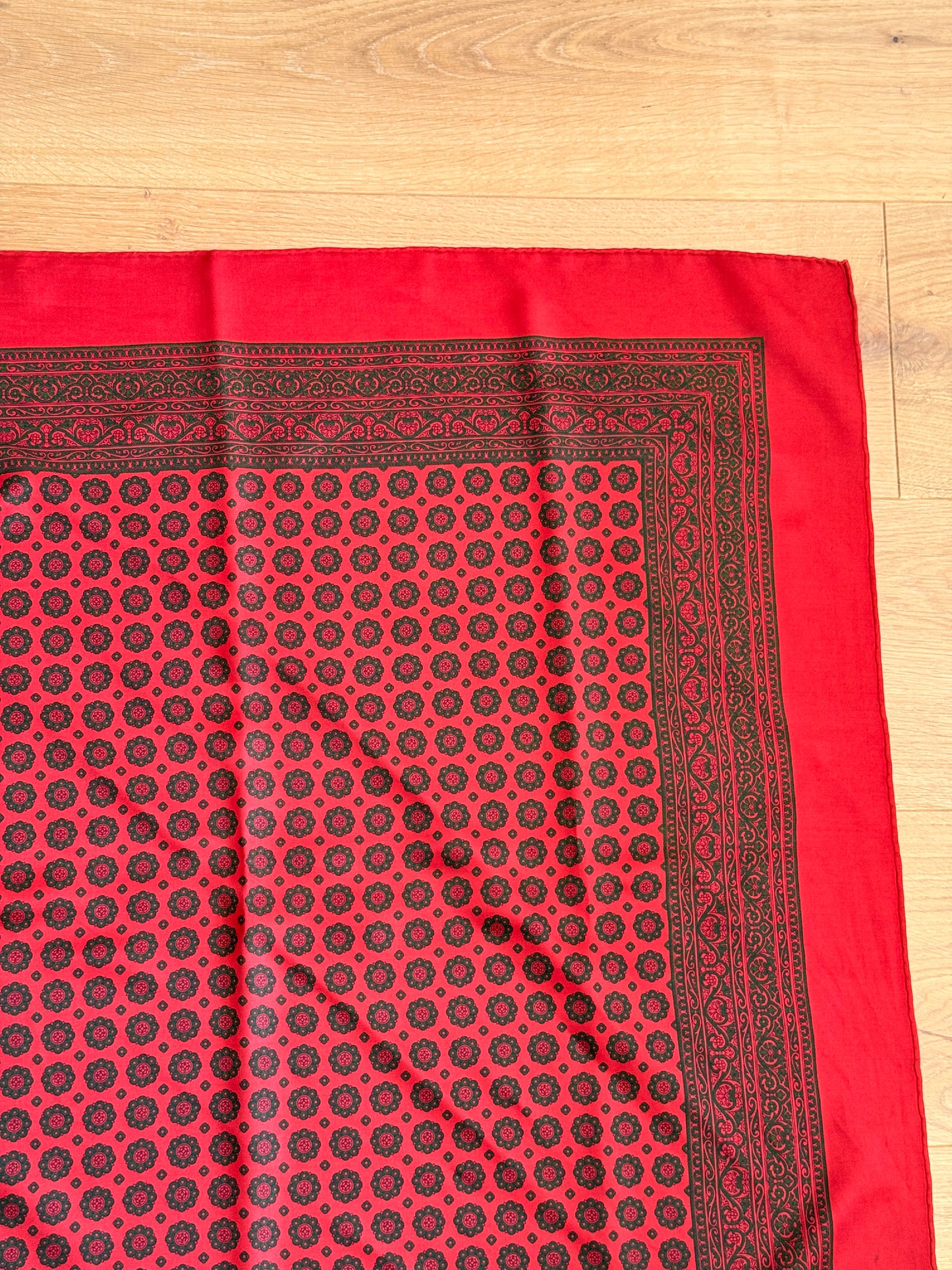 1970's Silk Red and Green Printed Scarf