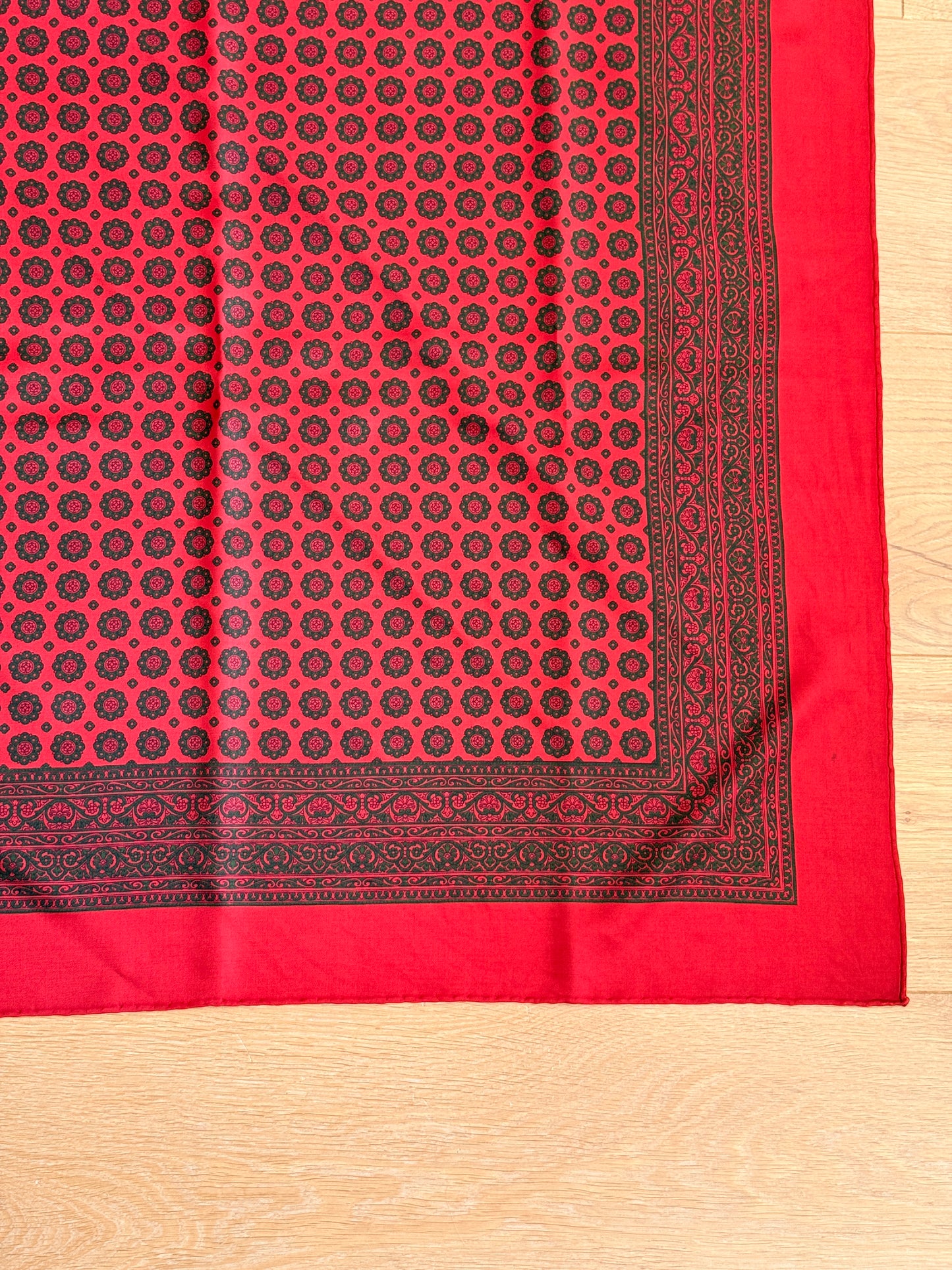 1970's Silk Red and Green Printed Scarf