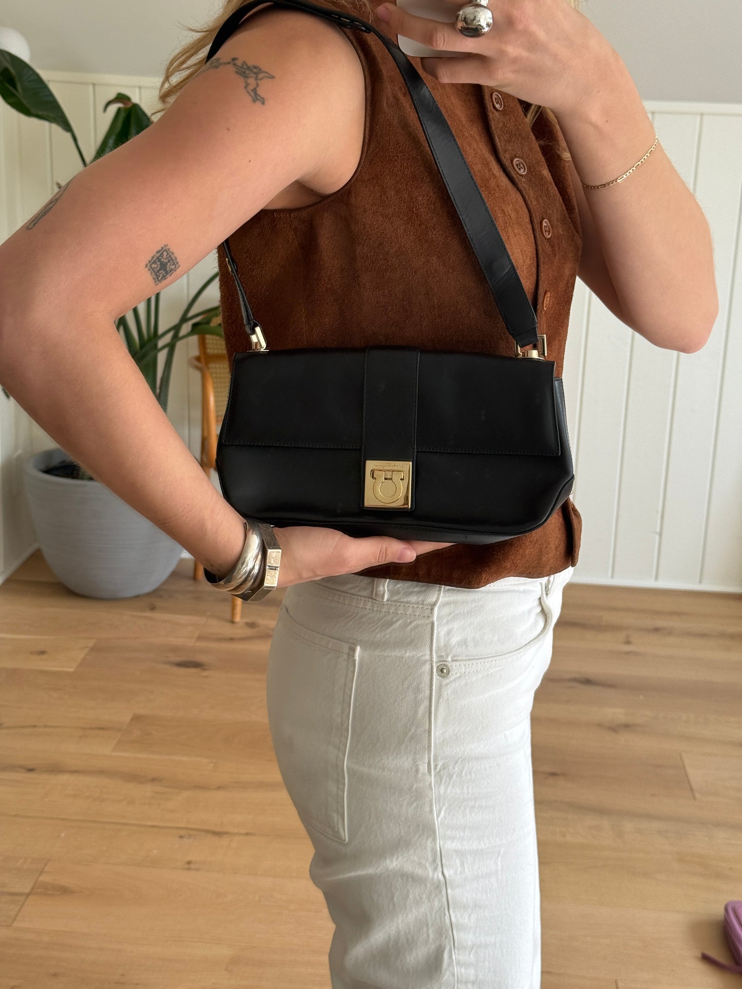 Ferragamo Gancini Black Calfskin Shoulder Bag