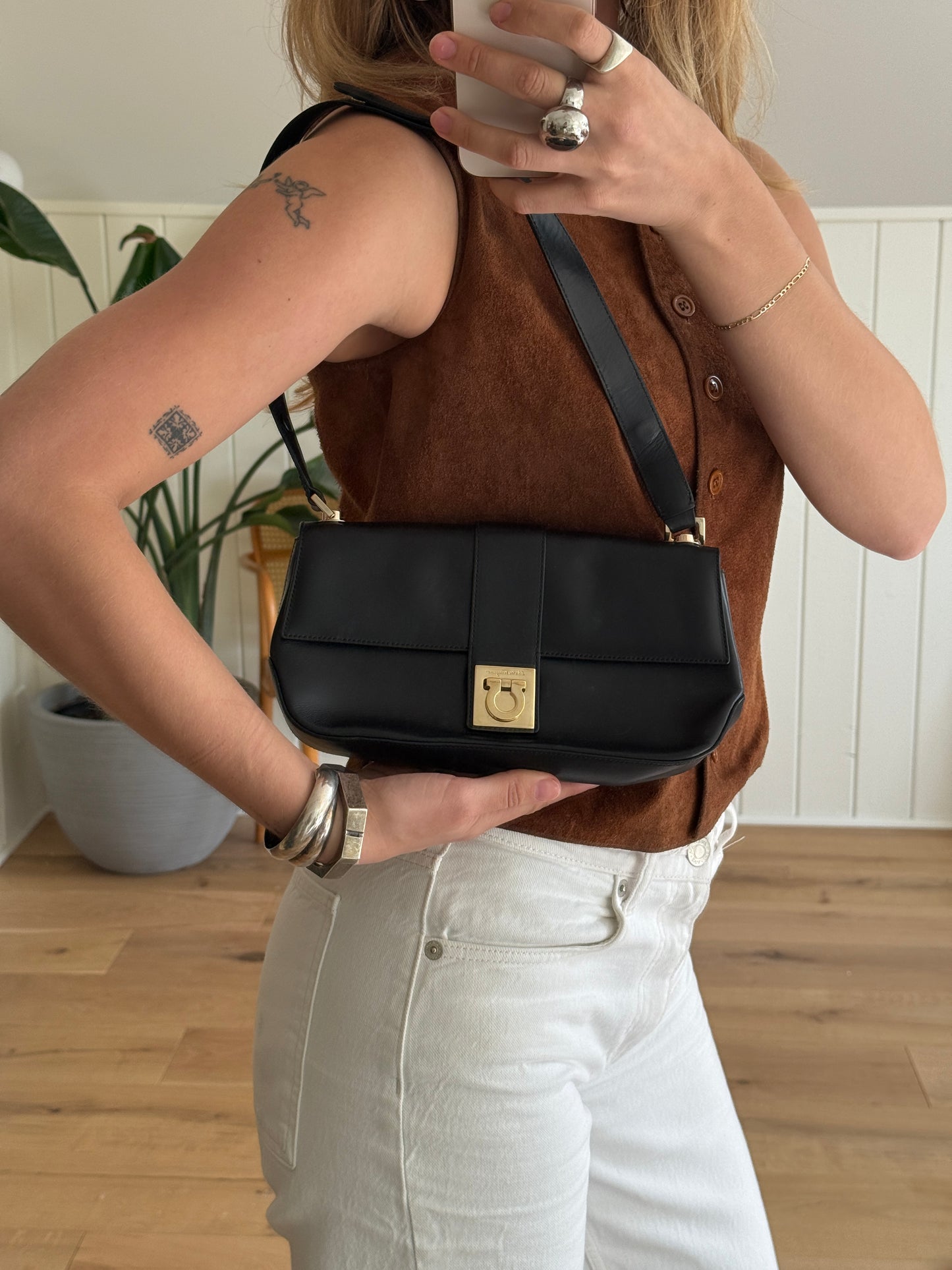 Ferragamo Gancini Black Calfskin Shoulder Bag