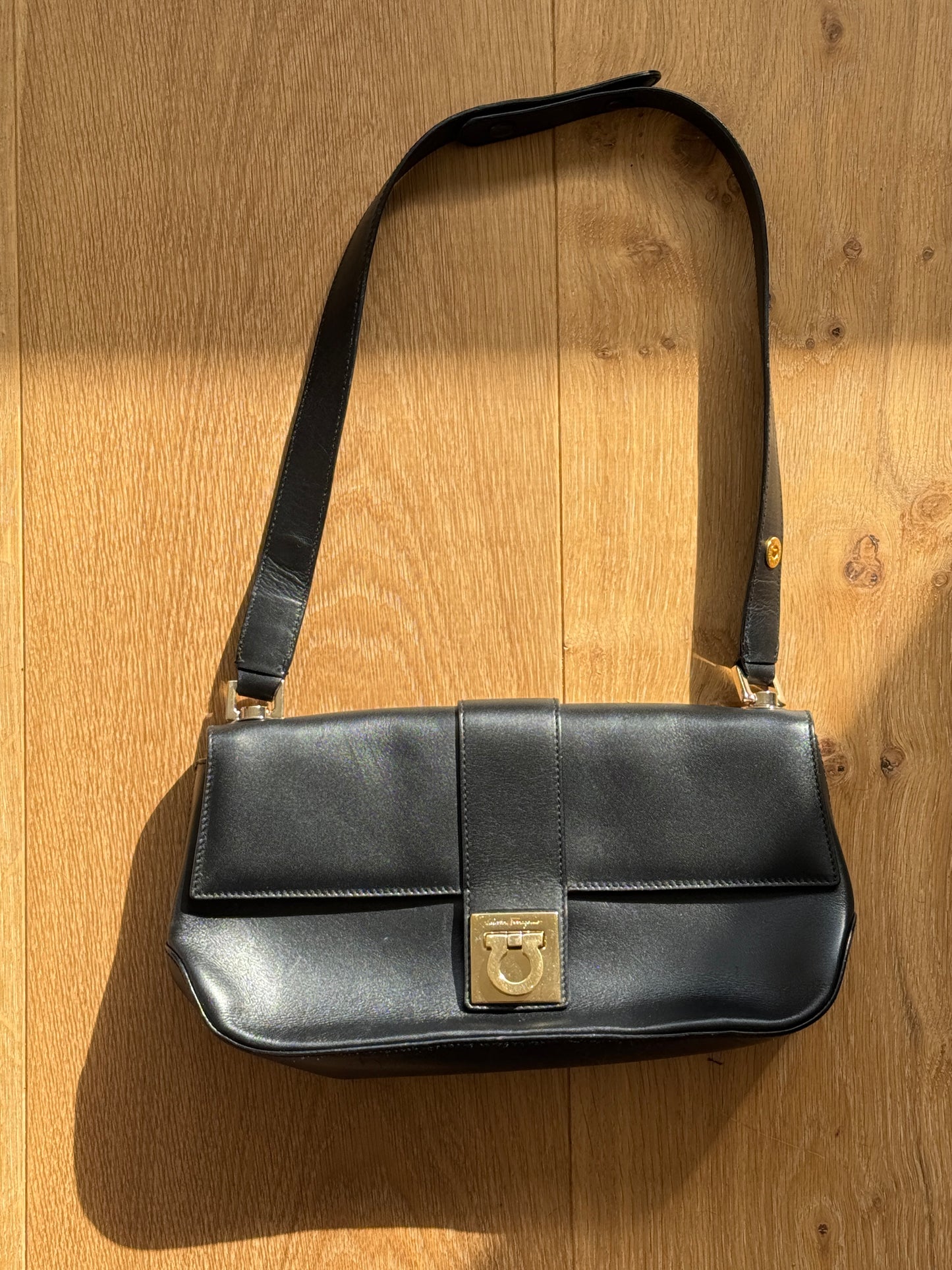 Ferragamo Gancini Black Calfskin Shoulder Bag