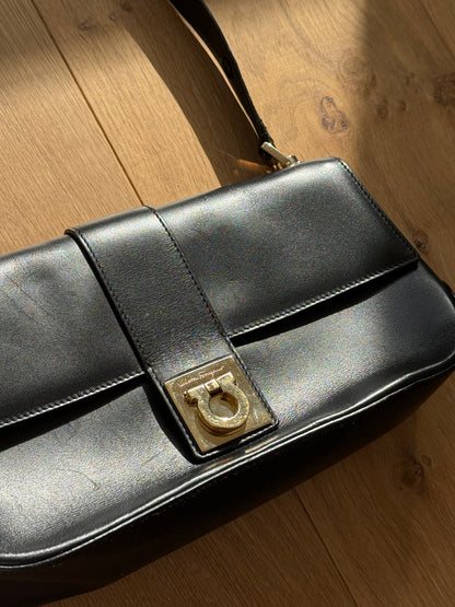 Ferragamo Gancini Black Calfskin Shoulder Bag