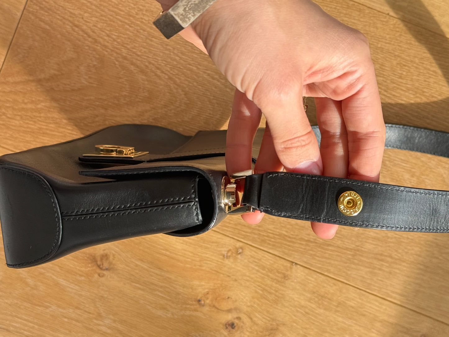 Ferragamo Gancini Black Calfskin Shoulder Bag