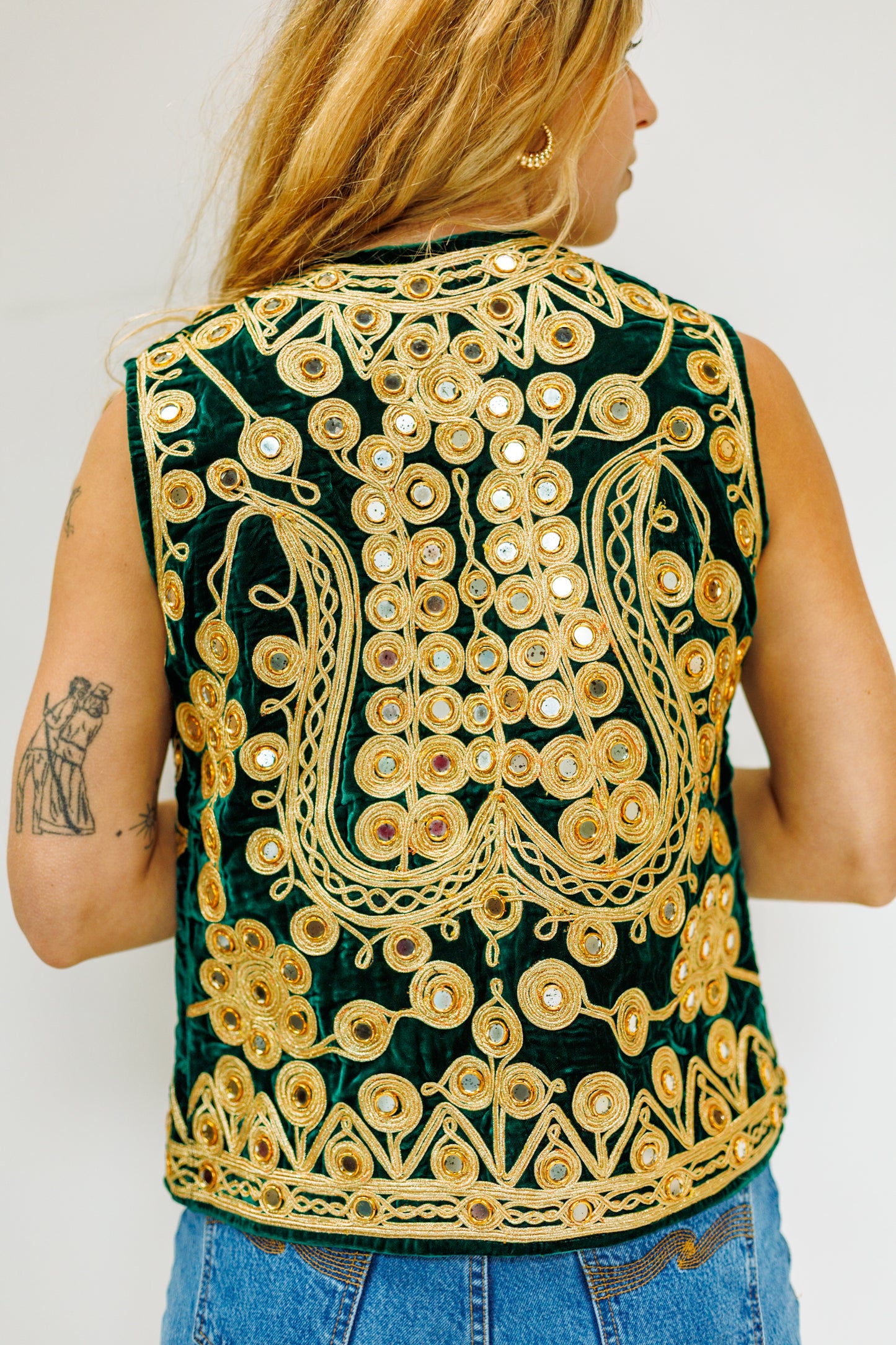 Vintage Gold & Green Embroidered Mirrored Velvet Vest