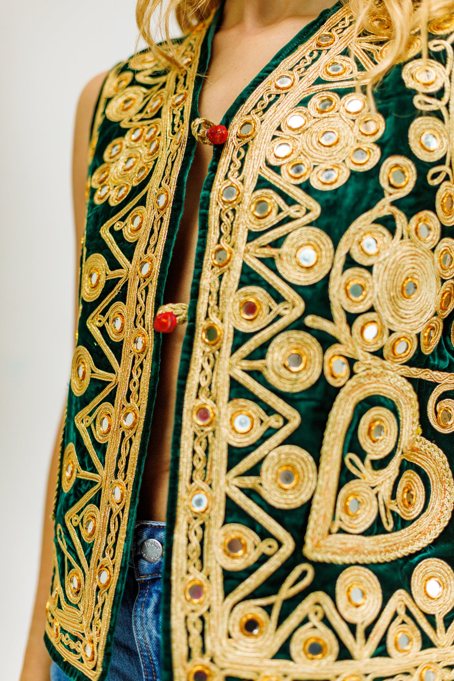 Vintage Gold & Green Embroidered Mirrored Velvet Vest