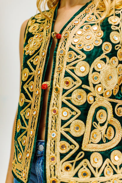 Vintage Gold & Green Embroidered Mirrored Velvet Vest