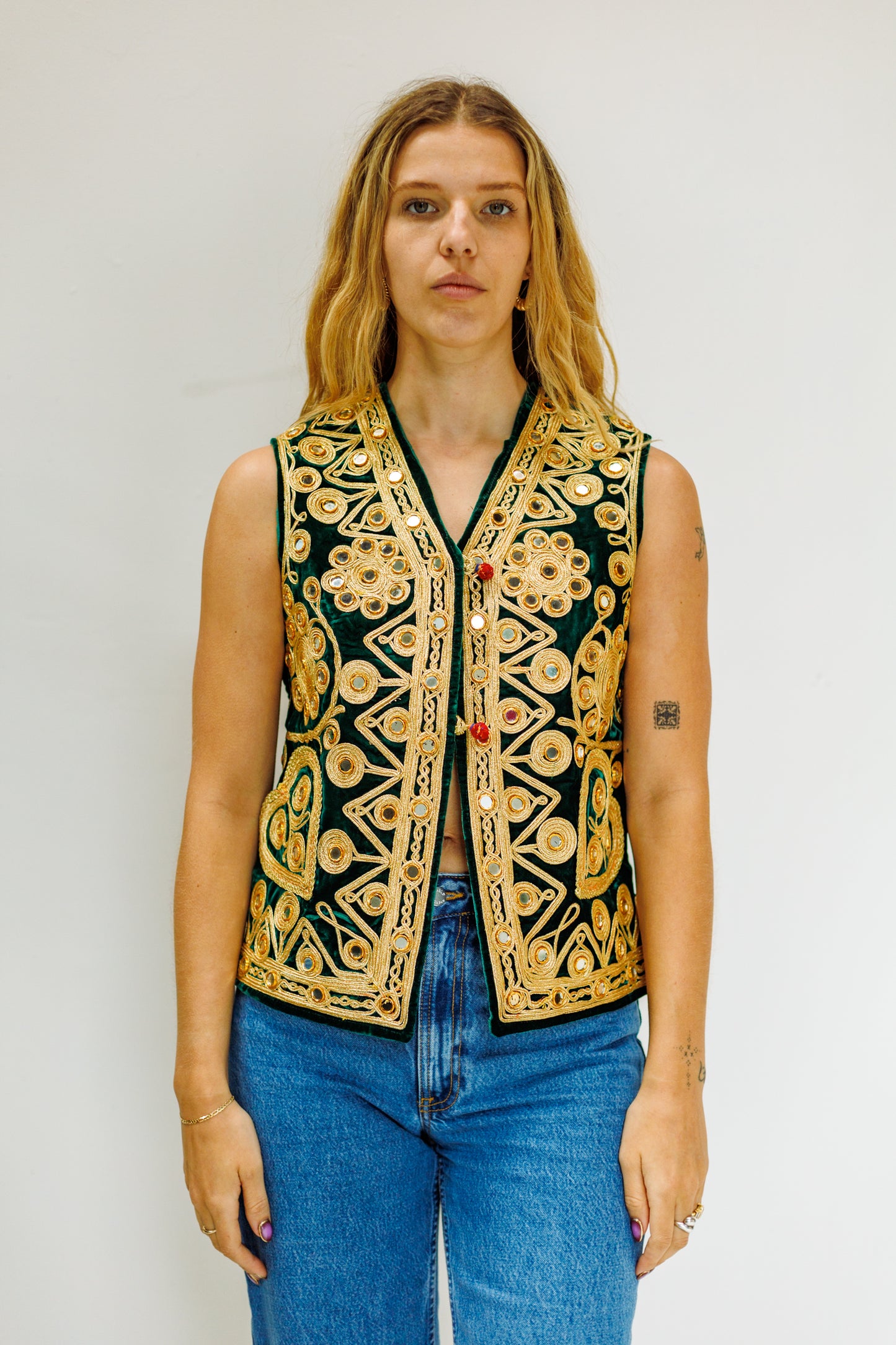 Vintage Gold & Green Embroidered Mirrored Velvet Vest