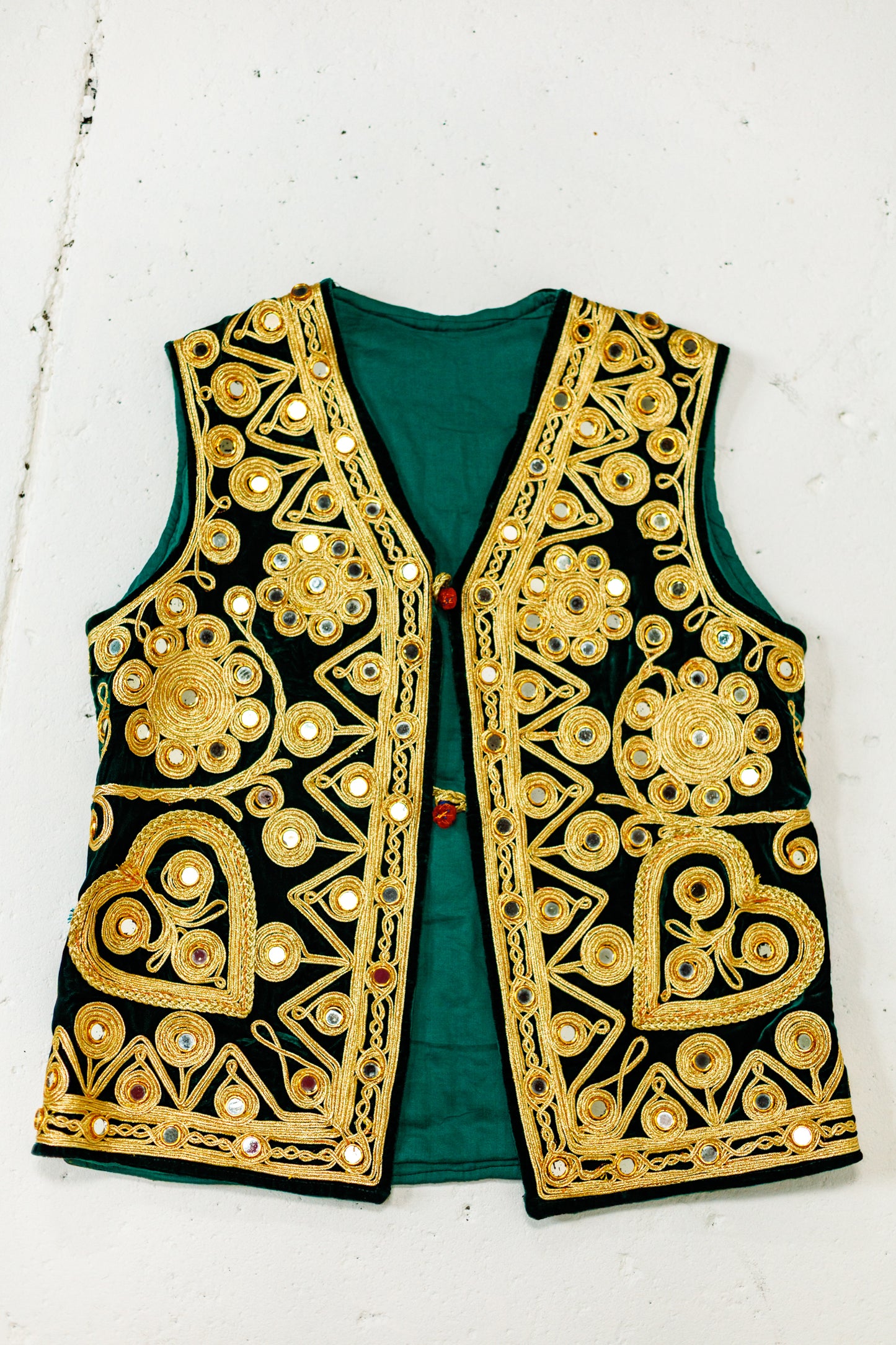 Vintage Gold & Green Embroidered Mirrored Velvet Vest