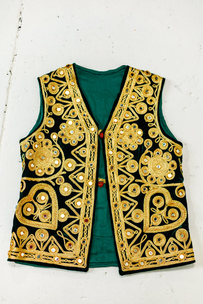 Vintage Gold & Green Embroidered Mirrored Velvet Vest