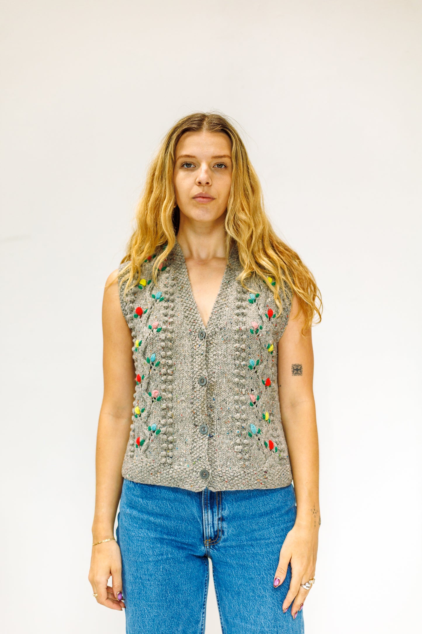 Vintage 70s Floral Swiss Dot Cardigan Sweater Vest