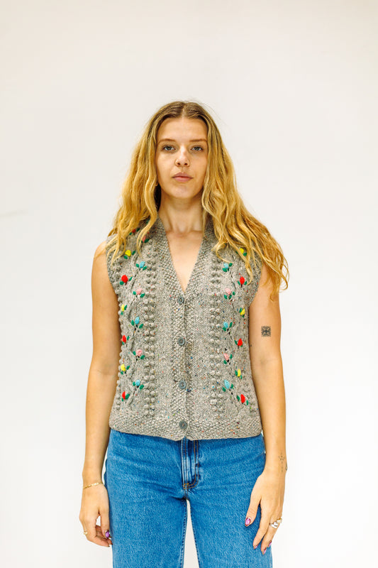 Vintage 70s Floral Swiss Dot Cardigan Sweater Vest