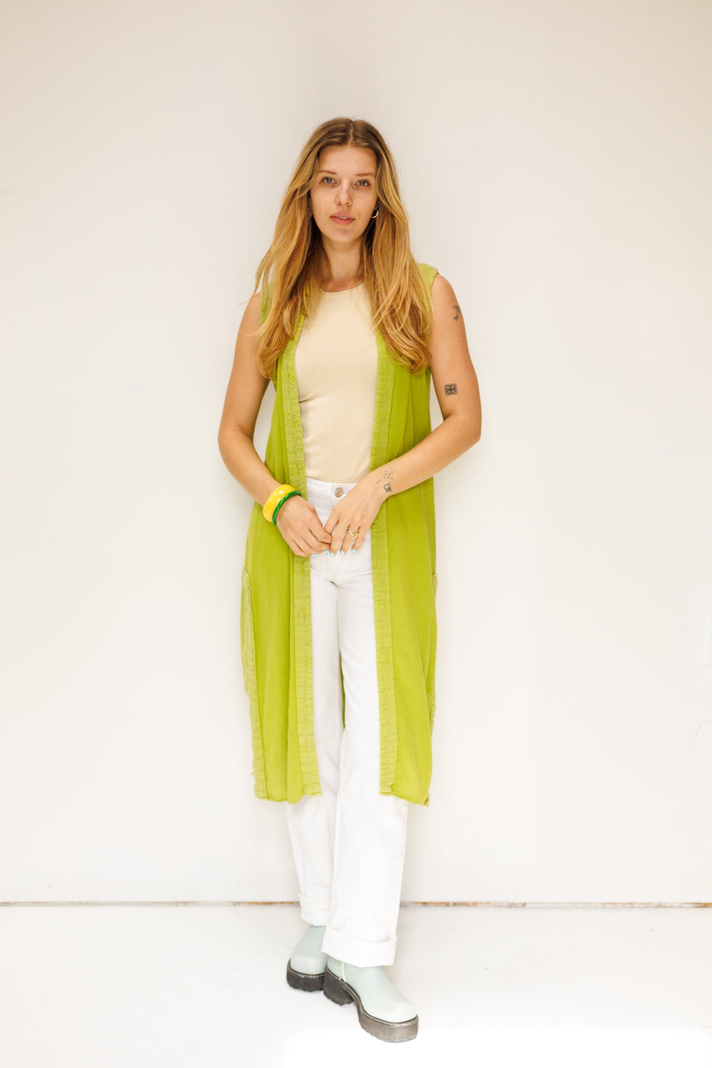 Vintage Apple Green Longline Cotton Open Vest
