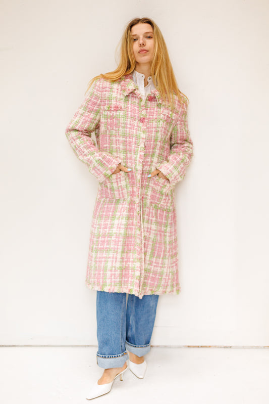 Vintage Tweed Wool Blend Pink & Green Coat