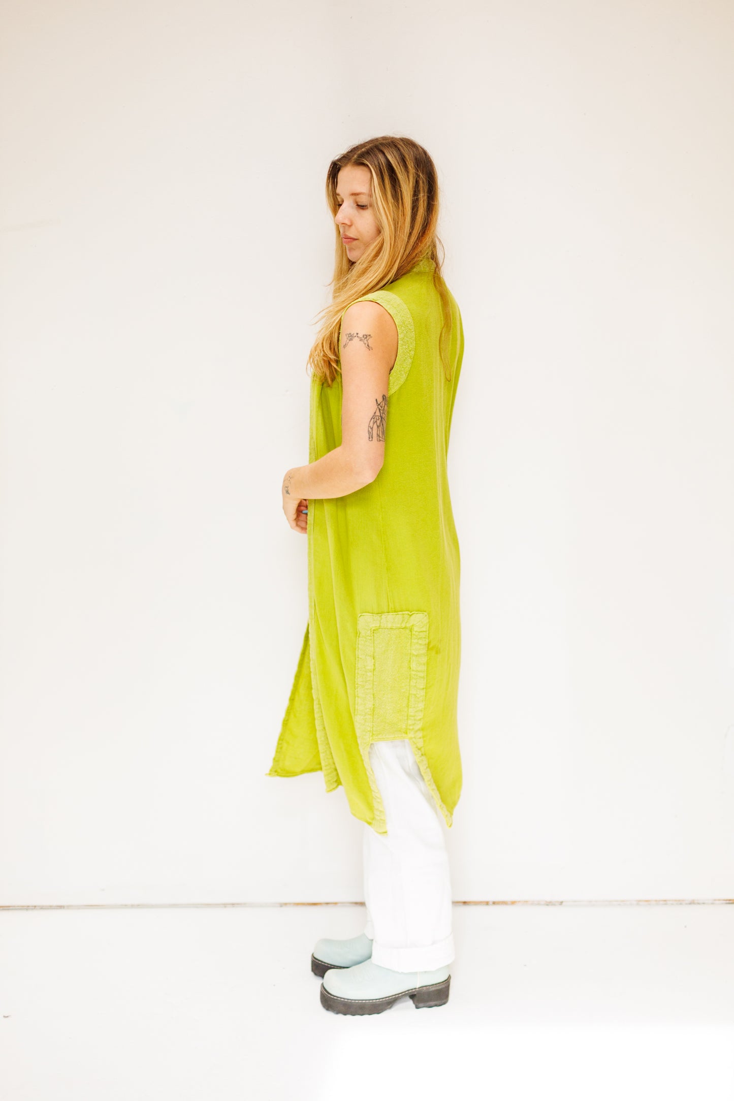 Vintage Apple Green Longline Cotton Open Vest