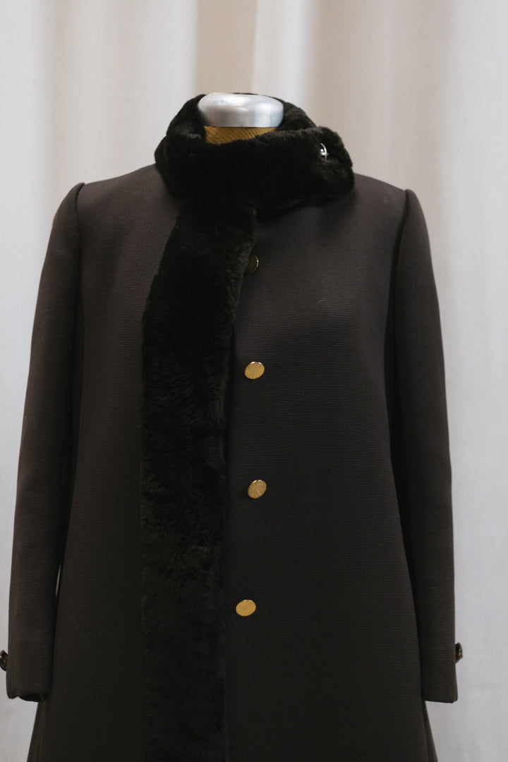 60's Bonwit Teller Brown Fur Trimmed Teddy Swing Coat