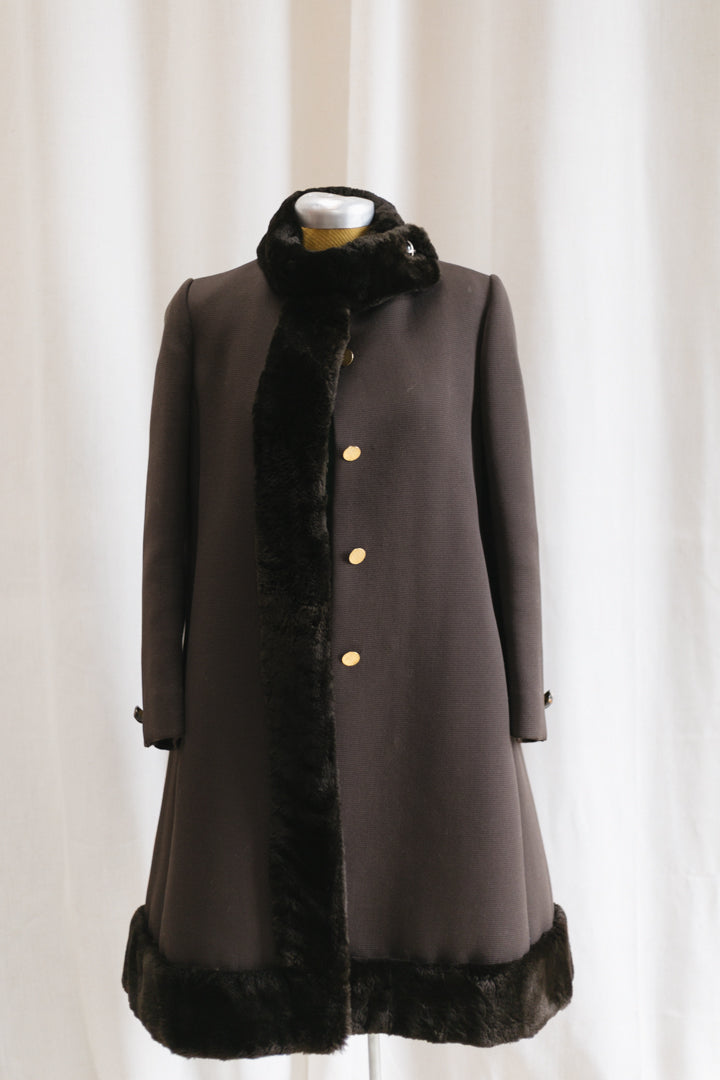 60's Bonwit Teller Brown Fur Trimmed Teddy Swing Coat